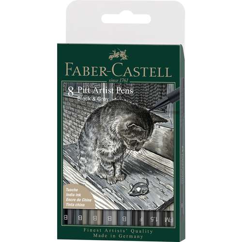 FABER-CASTELL Pitt Artist Pen Tuschestift, 8er-Set, Black & Grey