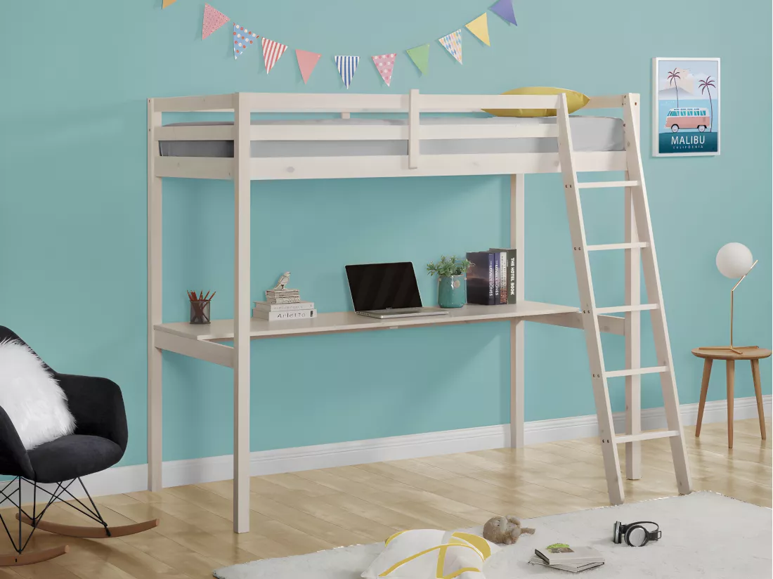 Lit mezzanine GEDEON II - 90 x 190 cm - Avec bureau - Pin massif - Blanchi + matelas