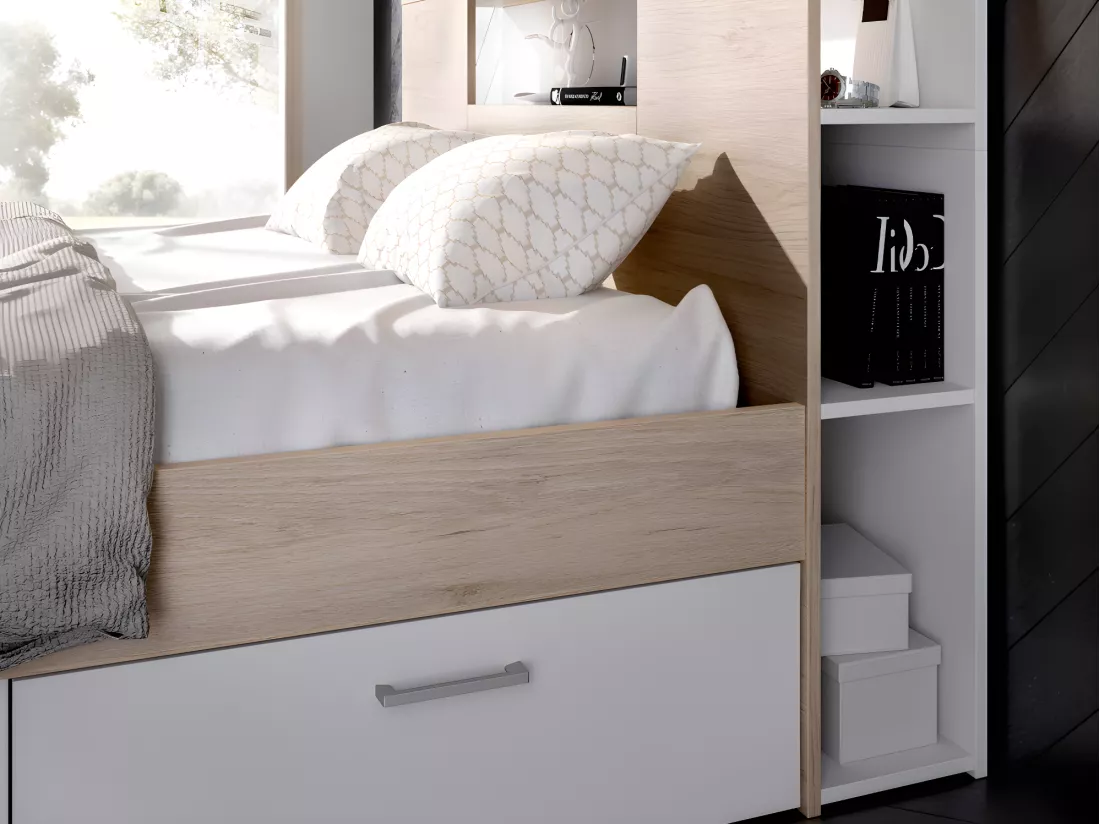 Lit avec tête de lit rangements et tiroirs - 160 x 200 cm - Coloris : Naturel et blanc + Chevets - LEANDRE
