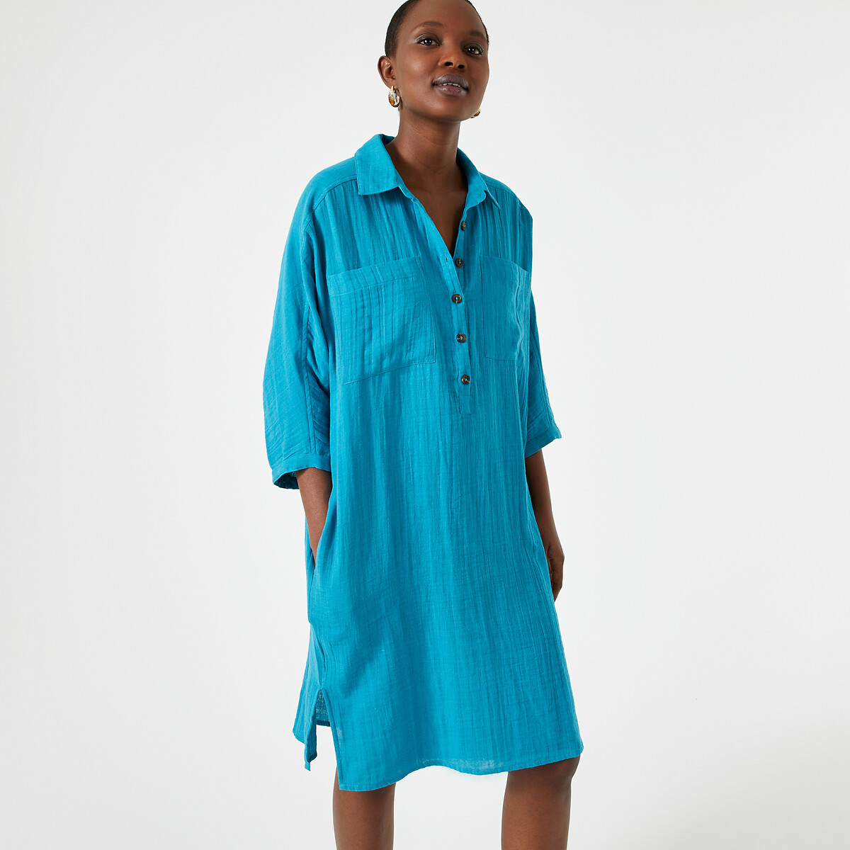ANNE WEYBURN<br>Vestido reto, na altura do joelho, em algodão