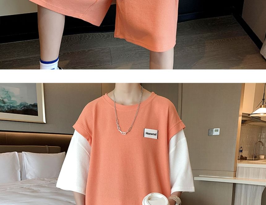 Diphon - Set: Mock tweedelig 3/4-mouw ronde hals two-tone T-shirt + elastische taille wijde pijpen shorts