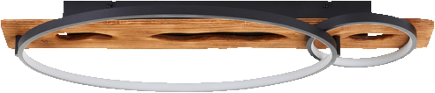 Lightbox moderne LED Deckenlampe im Nature Stil - Deckenleuchte mit 3 Stufen Dimmer & 2 LED-Ringe am Holz Balken - 70 x 30 cm - 3300 lm, 3000 K - aus Kiefernholz/Metall in Schwarz/Hell-Braun