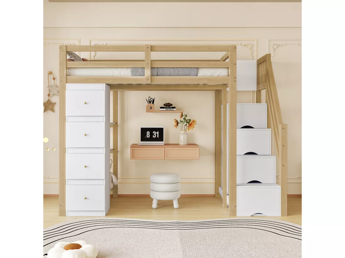 Lit mezzanine 90x200cm en bois massif - avec 4 tiroirs et escalier de rangement - Naturel (matelas non inclus)