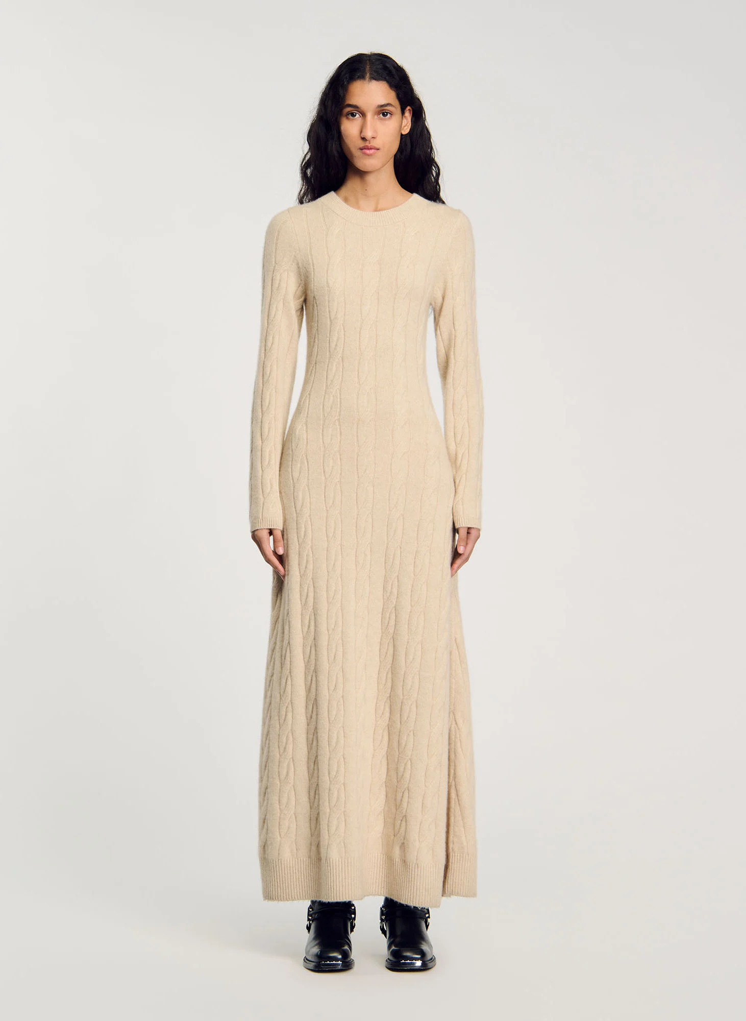 Robe longue col rond en laine mélangée | Beige