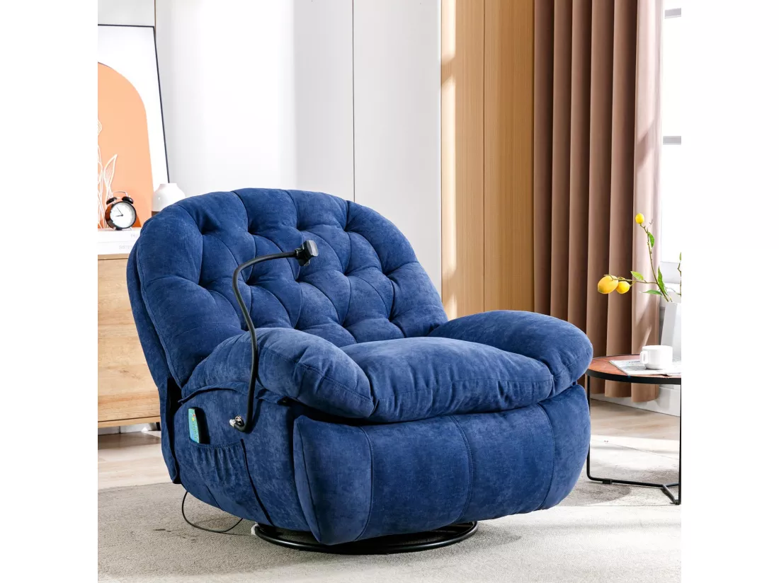 Fauteuil massant en tissu avec télécommande, pivotante et chauffée, 4 zones/5 modes/3 Minuteur, 155x92x90cm