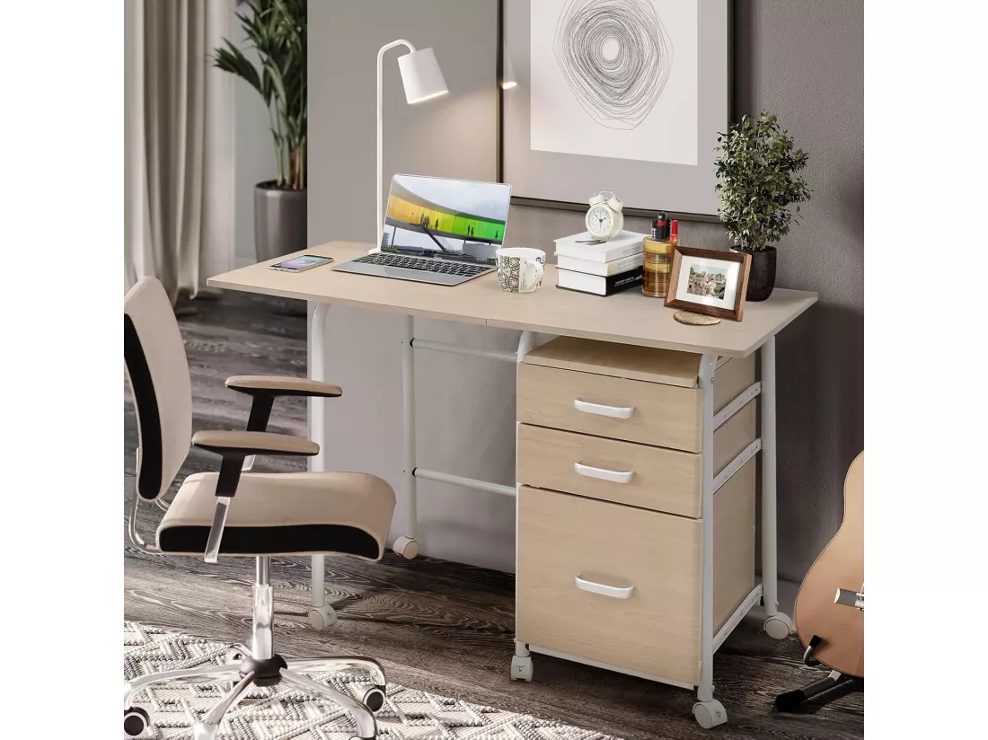 Bureau Pliable avec 3 Tiroirs, Table d'Écriture Roues Verrouillables, Bureau à Domicile Roulant avec Cadre en Métal, Bureau Compact pour Dortoir, Appartement Naturel
