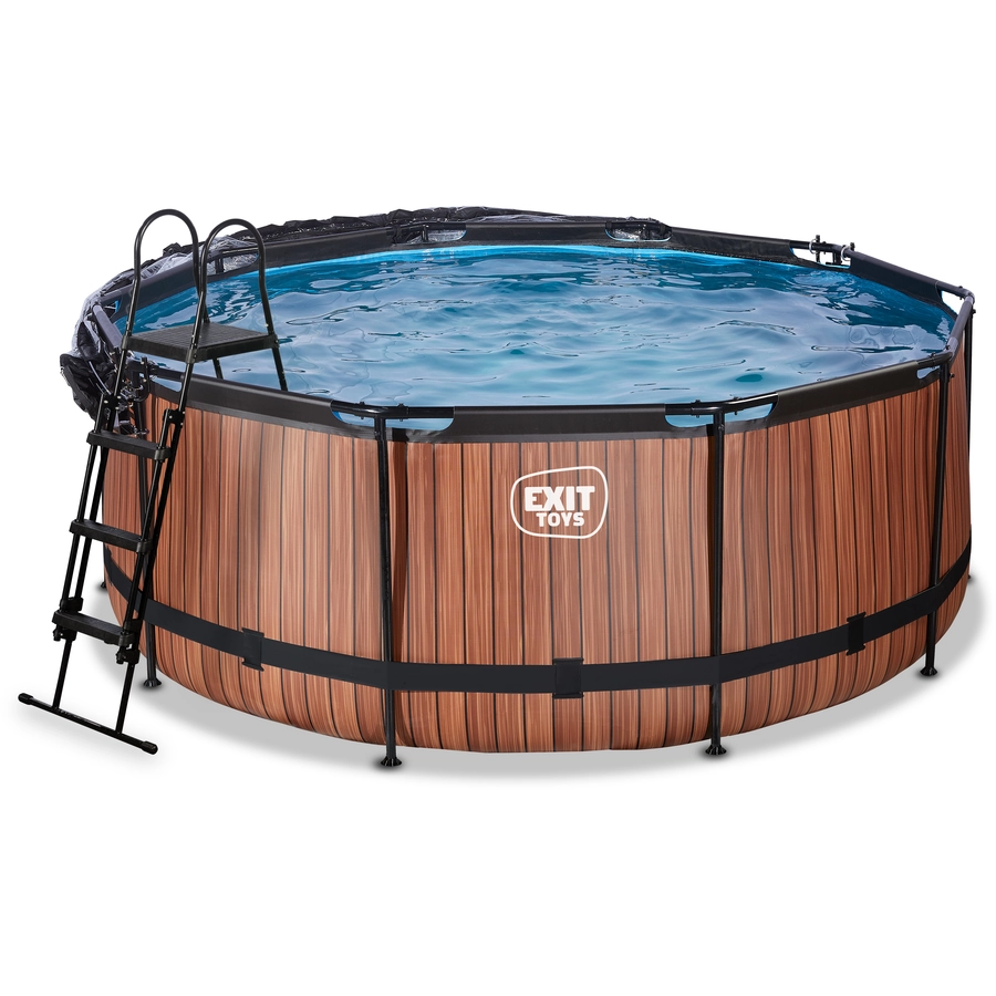 EXIT Wood Pool ø360x122cm mit Abdeckung und Sandfilterpumpe, braun