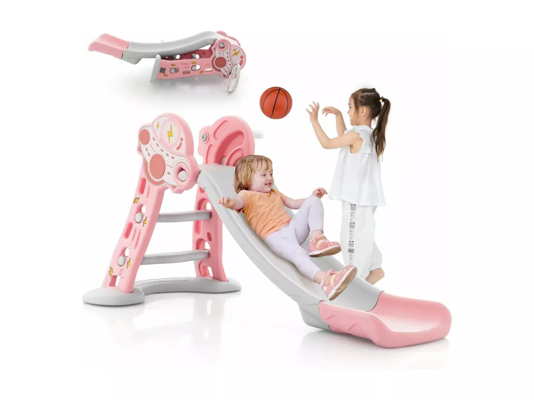 3 en 1 Toboggan Enfant Pliant en HDPE avec Glisse 114cm & Motif UFO, Aire de Jeux Polyvalent Intérieur Extérieur avec Panier de Basket & Ballon, Charge 20kg pour Enfants de 18 Mois+