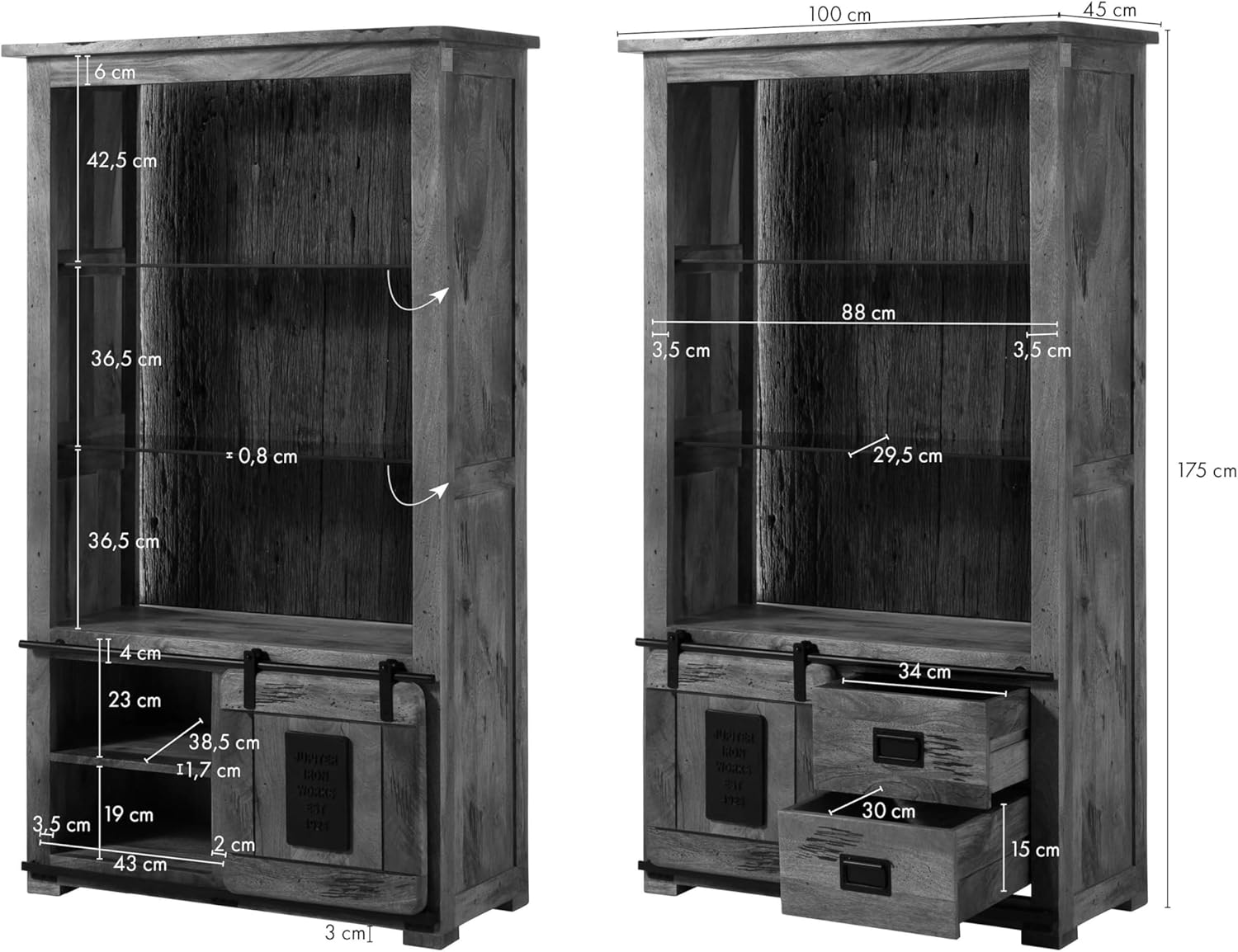 MASSIVMOEBEL24.DE | Railway Lux Standregal aus Massivholz mit Beleuchtung #165 | Mangoholz/Altholz - Natur lackiert | 100x45x175 cm | 5 Fächer, 1 Tür, 2 Schubladen | Standregal klein