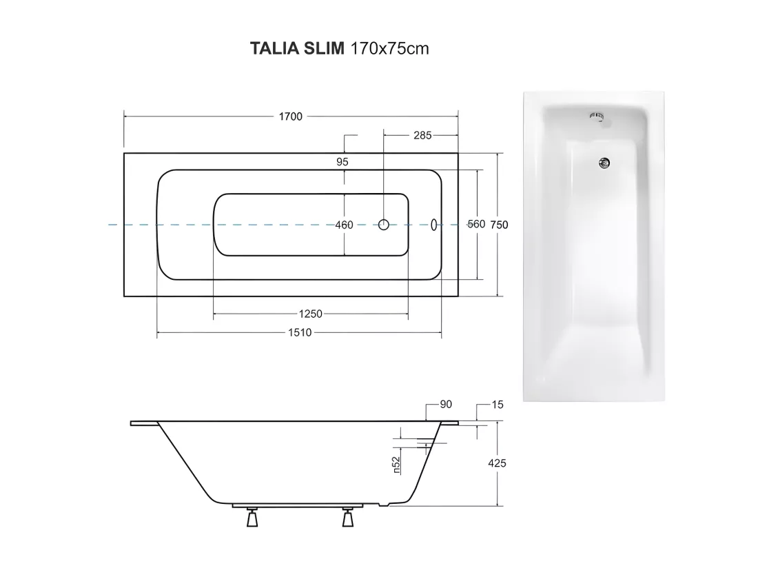 Baignoire rectangulaire blanche à encastrer + repose tête - 170 x 75 cm - TALIA SLIM