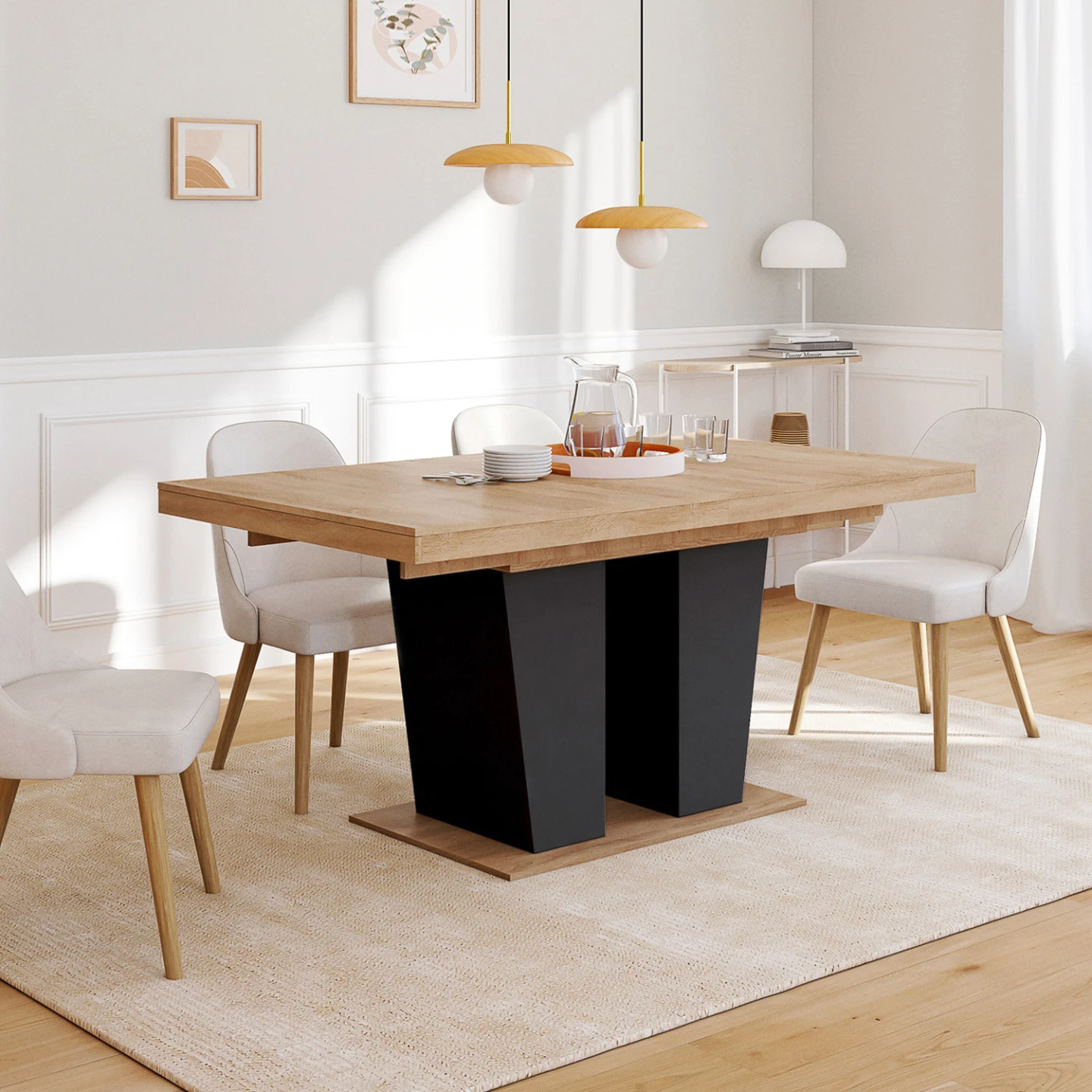 Table à manger extensible rectangle ELIAD 6-10 personnes bois et noir 160-200 cm