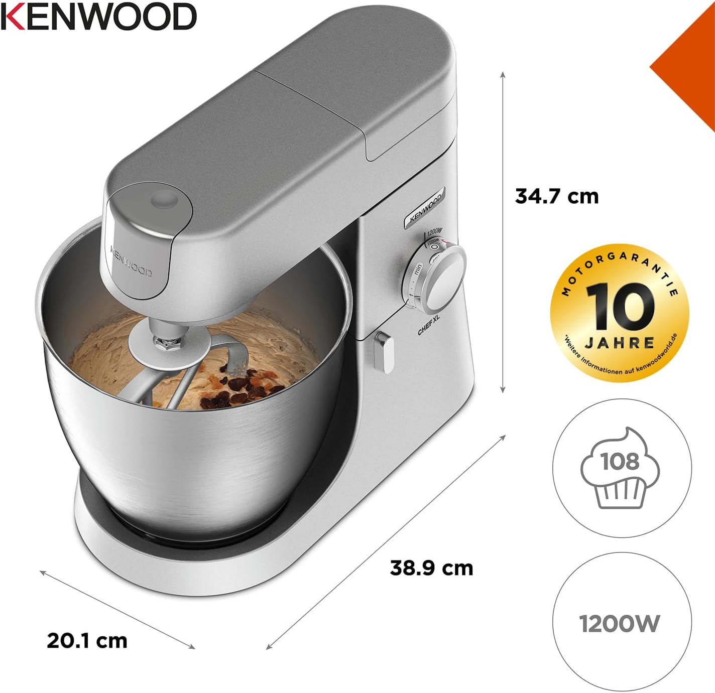 Kenwood Chef XL KVL4100S – Küchenmaschine mit großer 6,7 l Edelstahl-Rührschüssel, multifunktionaler Küchenhelfer, 1200 W, inkl. 3-teiligem Patisserie-Set, silber
