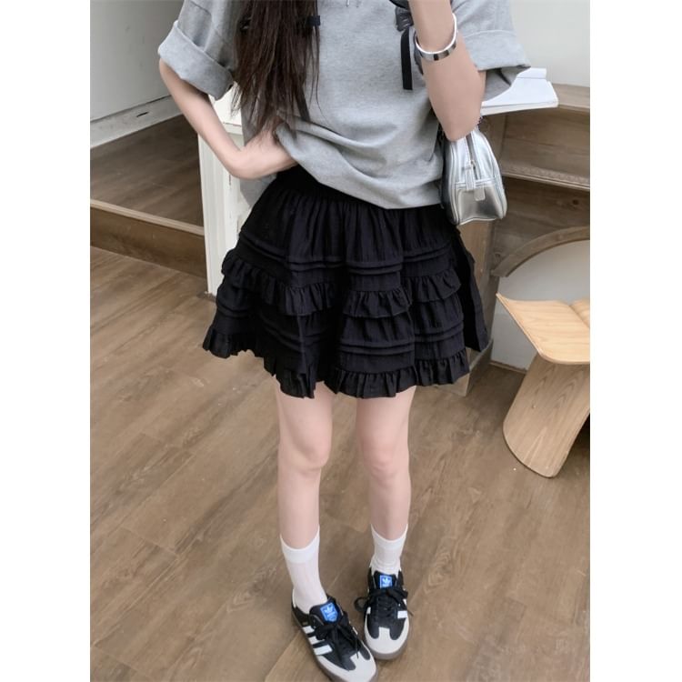 Flowerisque - Hoge taille effen geplooide mini A-lijn rok