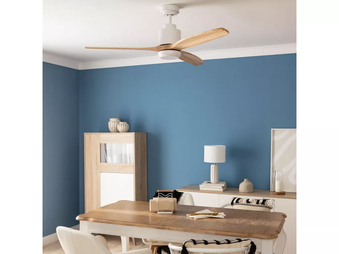 Ventilateur de Plafond Silencieux Mersin Bois & Blanc 132 cm Moteur DC Télécommande Sans lumière