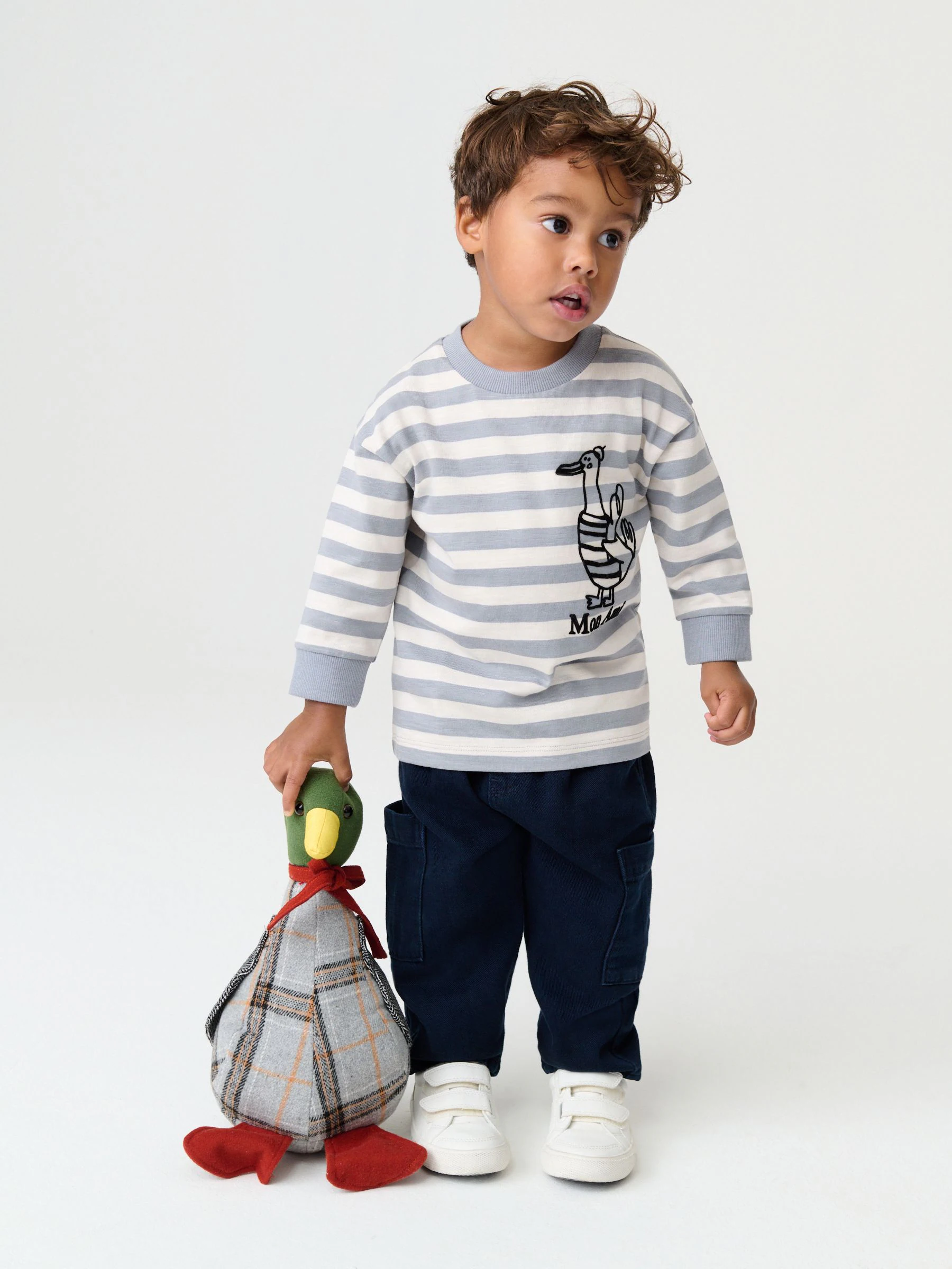 Grijs met eendjes - T-shirt met lange mouwen en print op de rug (3mnd -8jr)