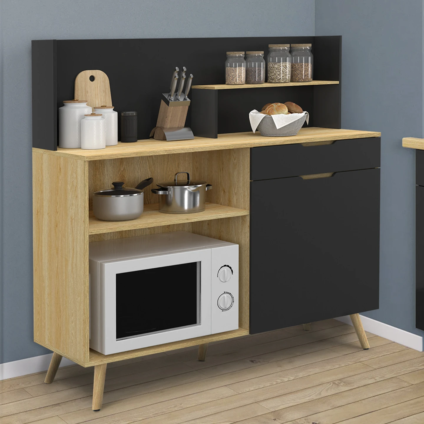 Buffet bas de cuisine 120 CM OLAF plan de travail H.83 cm 1 porte + 1 tiroir façon hêtre et noir