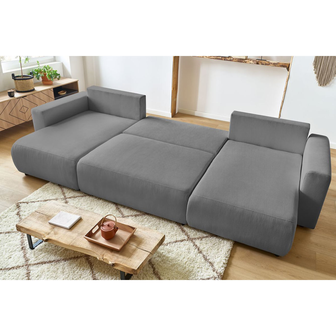 Bobochic Canapé panoramique convertible coffre velours côtelé envy gris foncé - 386x153x95 cm