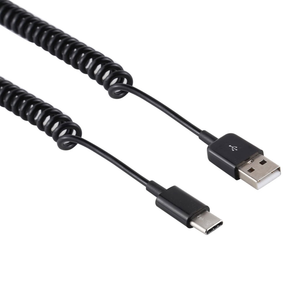 (Bis 80cm) Universal USB C auf USB A (Männlich) Ladekabel Spriralkabel dehnbar - Schwarz