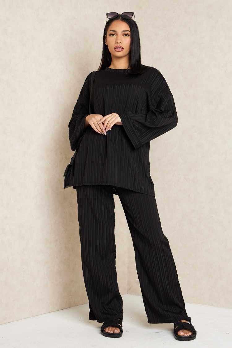 Ensemble 2 pièces pull fin + pantalon à rayures noir
