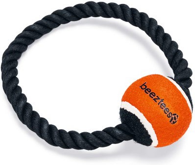 Beeztees hondenspeelgoed flostouw Coby met tennisbal zwart/oranje 20 x 20 x 6,3 150 g