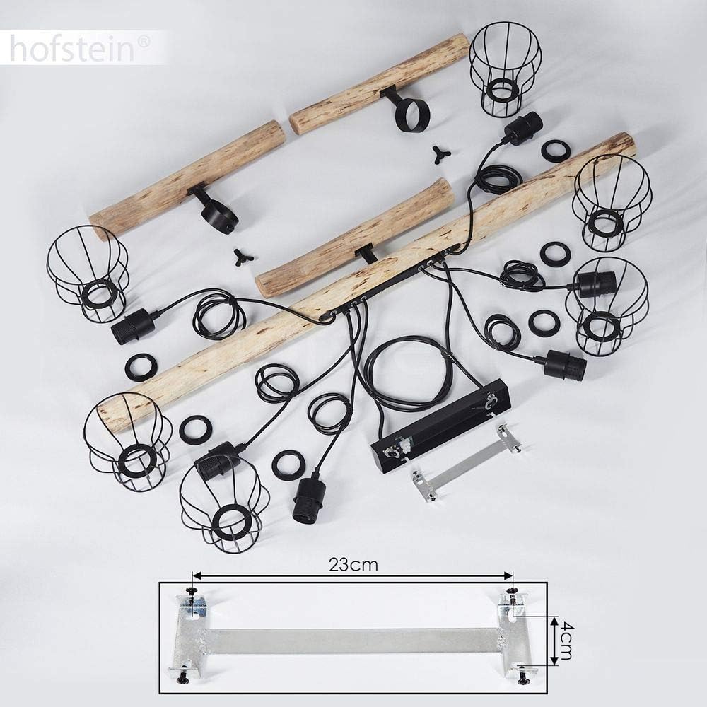 Deckenleuchte Gondo, 6-flammige Zimmerlampe aus Metall in schwarz und naturfarbenen Holz, Leuchtenköpfe sind individuell einstellbar, Deckenlampe im Retro/Boho Style, 6 x E27, ohne Leuchtmittel