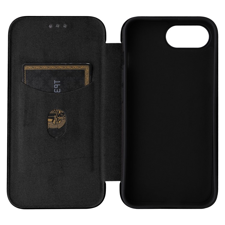 iPhone 16e Leder Tasche Flip Cover Carbon Look - Schwarz