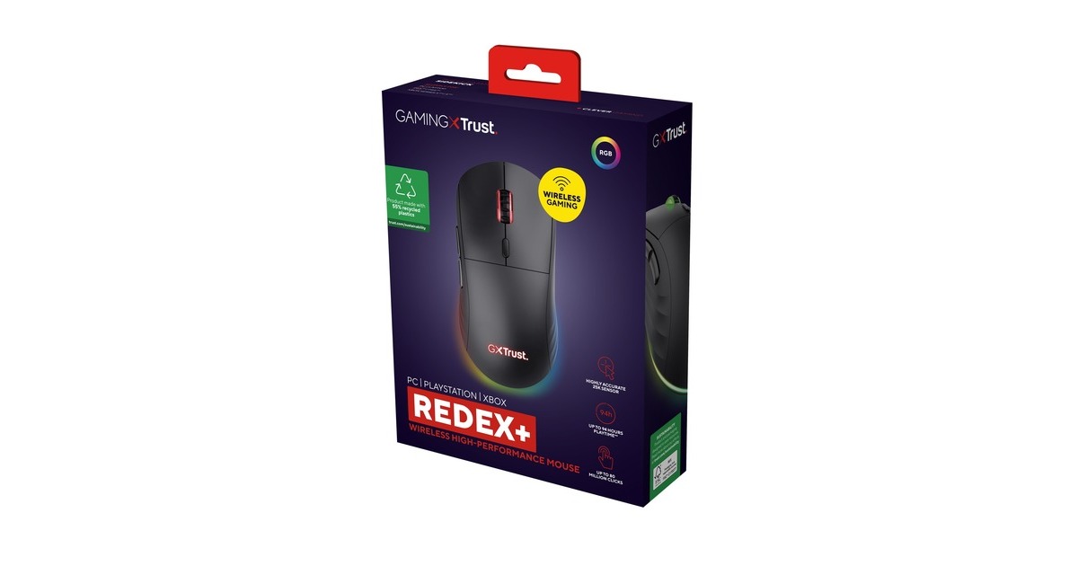 TrustGXT 927 Redex+ draadloze gaming muis met hoog prestatieniveau  (Zwart, RGB | 100 - 25.600 dpi | PS4 | PS5 | XBOX series X|S)