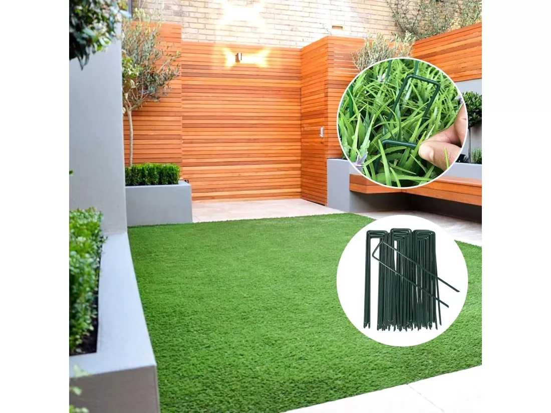 100 Pcs Fixation en Acier Vert - piquets de jardin antirouille - 150 mm, pour le contrôle des mauvaises herbes, membrane, tissu
