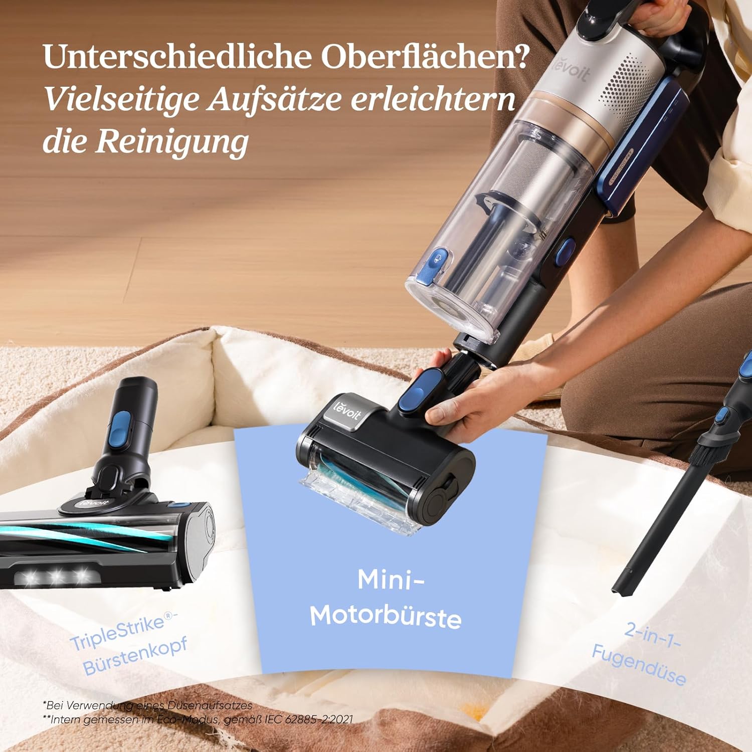 Levoit - Akku Staubsauger - Laufzeit für 150㎡ - Staubsauger Kabellos - 99,9 Prozent Staubfangrate - Mini-Motorbürste - Selbststehend - Anti Tangle - Für Tierhaare/Teppiche/Hartböden/Auto - LVAC-300