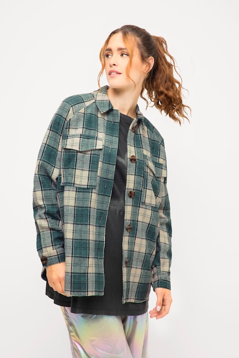Karo-Flanellhemd, oversized, Hemdkragen, Raglan-Langarm