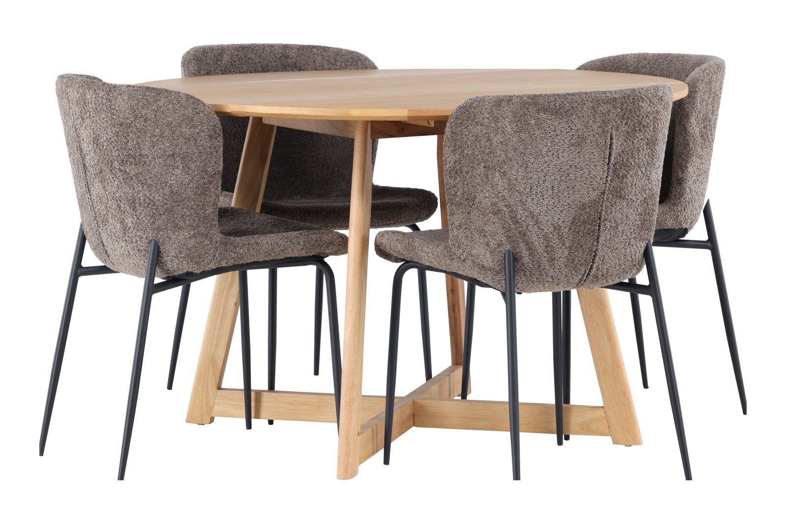 Yakidon og Modesto Spisegruppe Yakidon rundt spisebord Ø120cm i eik med 4 stk. Modesto spisestoler i Mørk Grå bouclé og sorte ben.