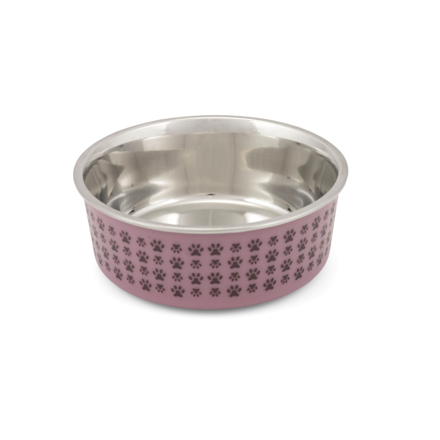 Alimentador para cães TK-Pet Inox com estampa de pata rosa