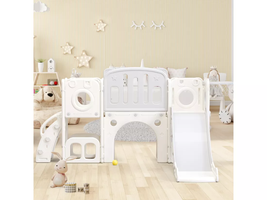 Toboggan 6 en 1 en PEHD pour enfant, avec plate-forme, escalier, 2 zondes de rangement, arcade, panier de basket, gris