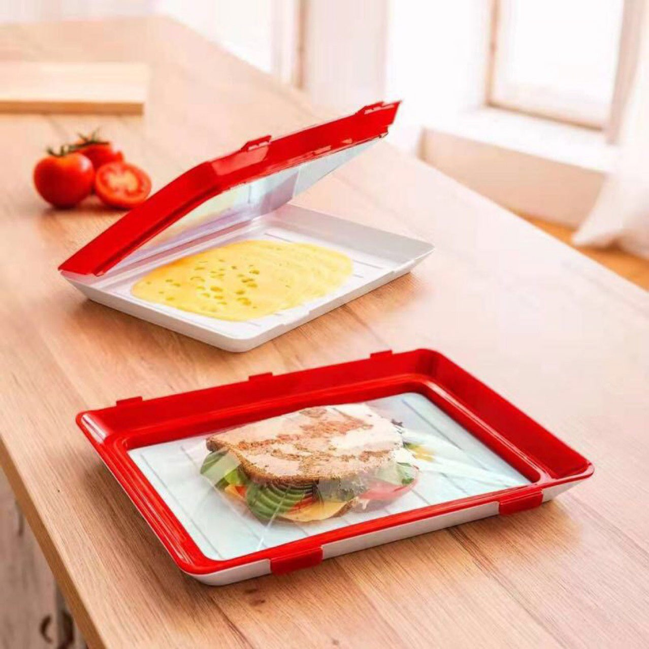 (30x20cm) Vakuum Aufbewahrungs Tablett Lebensmittel Konservierungs Box Aufschnitt Frischhalte Platte - Weiss / Rot