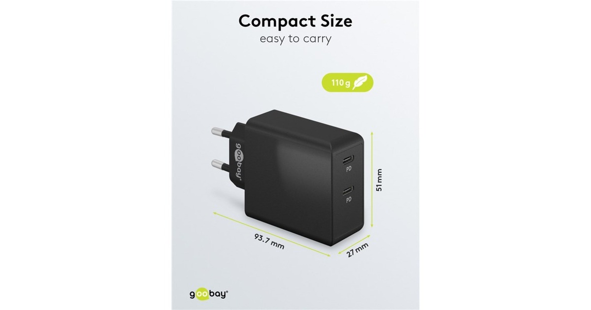goobayUSB-C PD Dual snellader (36 W)  (Zwart, 2x USB-C, Power Delivery)
