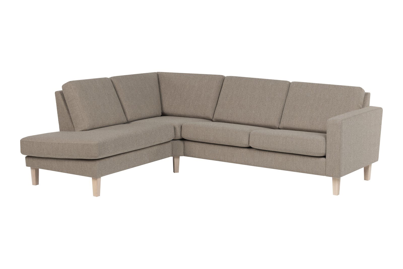 Slogen hjørnesofa Oppsett AV. 2,5-seter med åpen ende venstre. Tekstil Viva Earth med standard ryggpute. Vange B og hvitpigmentert ben 178.