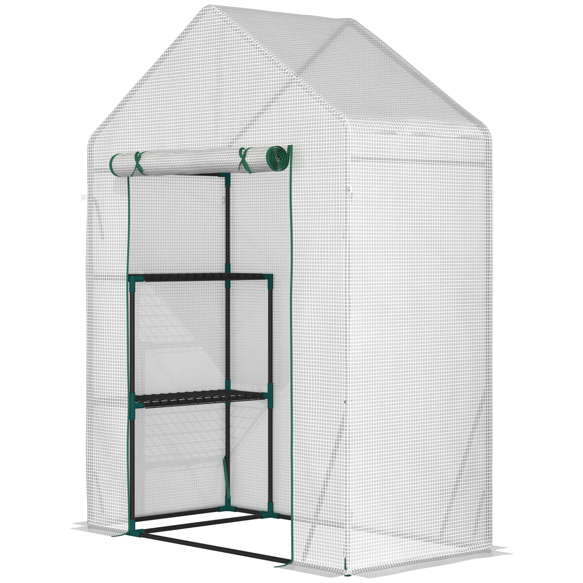 Estufa de jardim Outsunny, 143x73x195 cm, em aço, com 2 prateleiras e porta de enrolar, ideal para o cultivo de plantas, vasos e flores, perfeita para áreas externas, na cor branca.