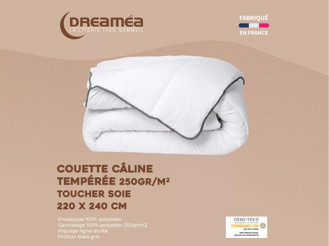 Couette Câline toucher soie 220 x 240 cm - 250 g/m² - Blanc biais gris- BIESYA