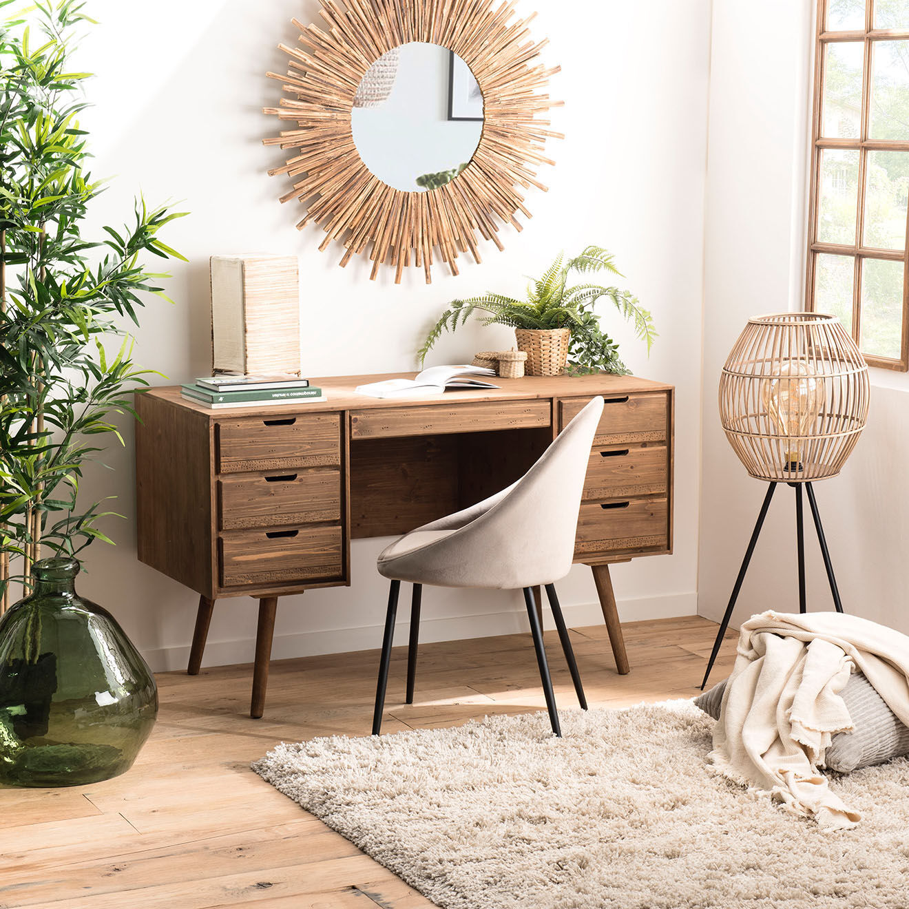 Macabane Bureau scandinave bois 6 tiroirs sapin andy bois - 128x57x77 cm