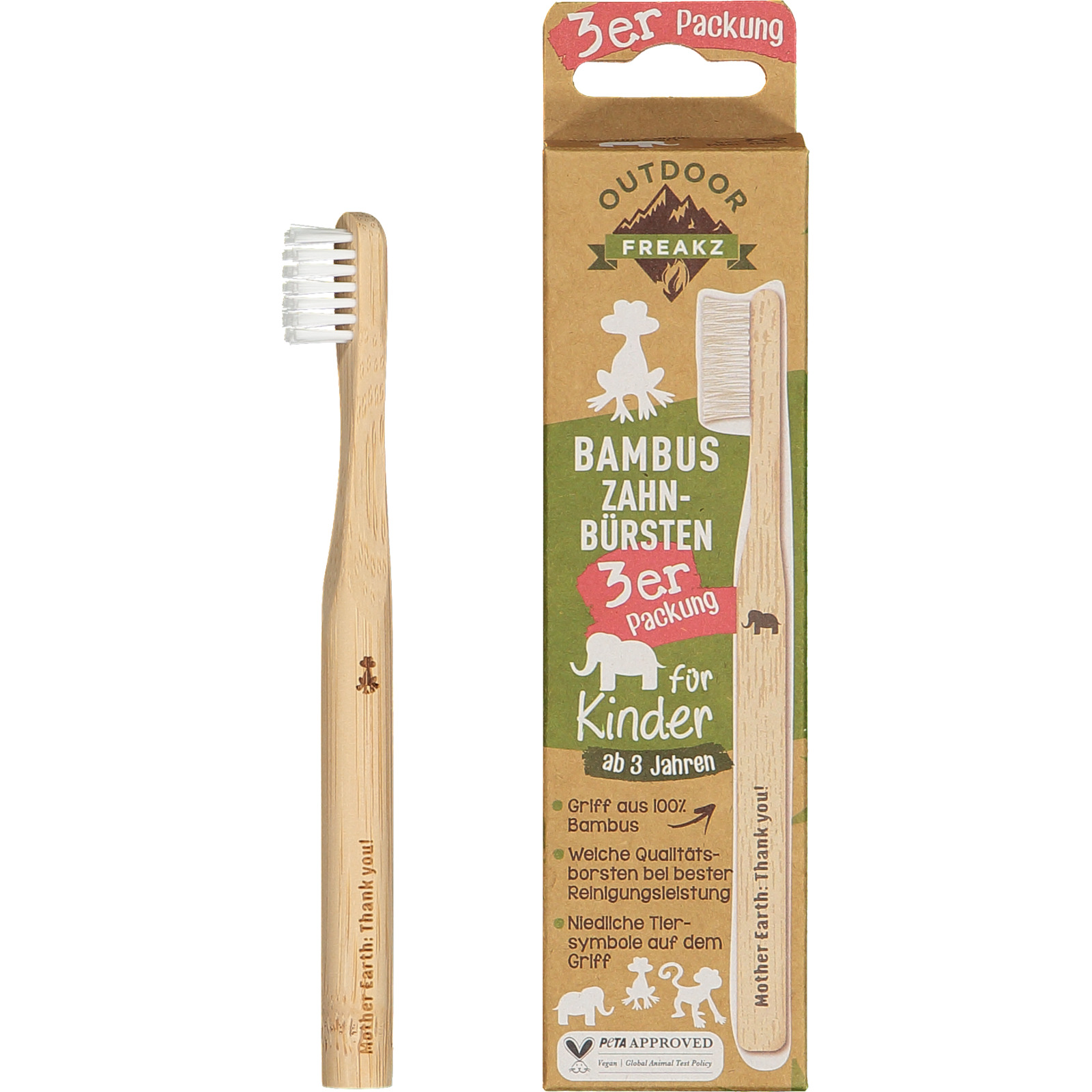 Outdoor Freakz Zahnbürste Kids Bambus 3er-Pack
