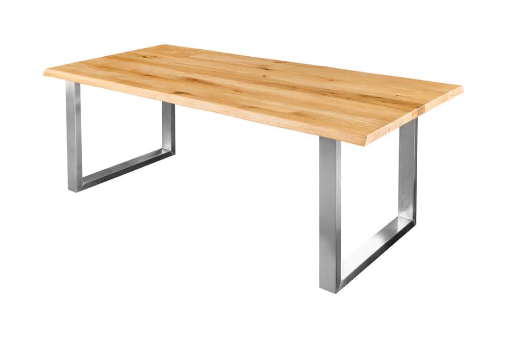 Massiver Esstisch WILD OAK 200cm natur silber Wildeiche Baumkante Edelstahl U-Gestell