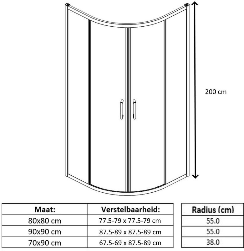 Lacus - Vulcano Evo - Douchecabine - Kwartrond - Mat Glas - Aluminium Profiel - Chroom - 80x80x200 cm