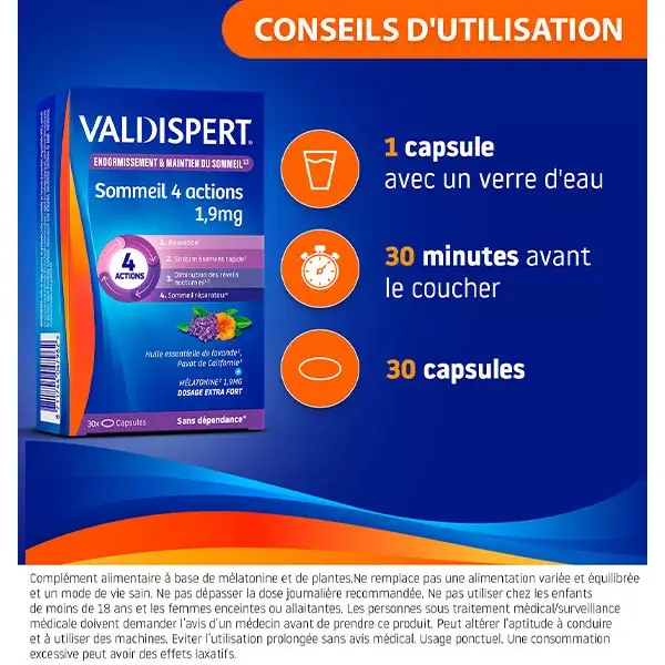 Valdispert Suplemento Alimentar para Dormir 4 Ações Melatonina 1,9mg 30 Cápsulas