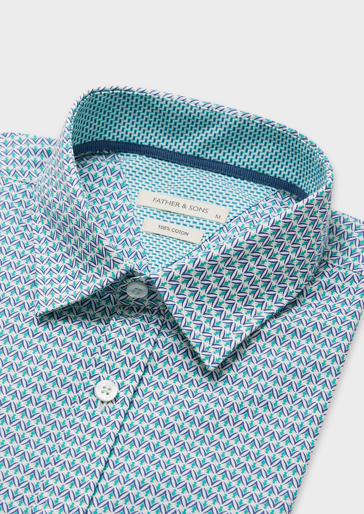 Chemise manches courtes en popeline de coton blanc à motif fantaisie vert turquoise et bleu