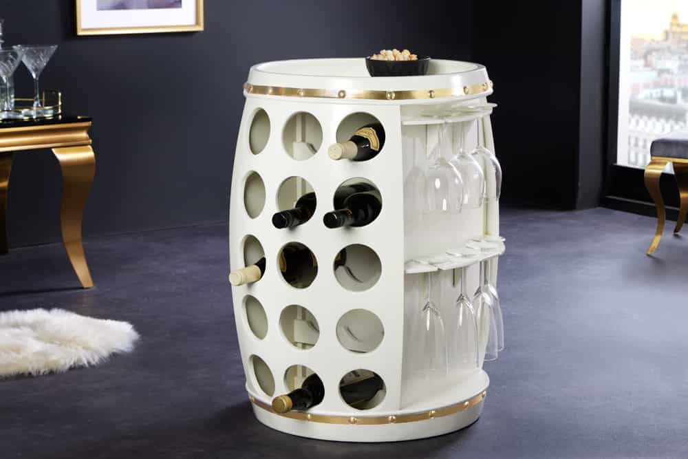 Design Weinfass BODEGA WHITE 70cm weiß gold Pinie Flaschen Gläseraufhängung