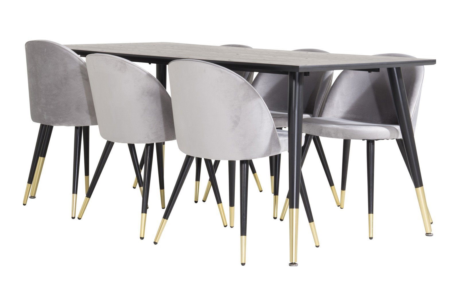 Dipp og Velvet Spisegruppe Dipp spisebord i sort finér med 6 stk. Velvet spisestoler i Grå fløyel og messing ben.