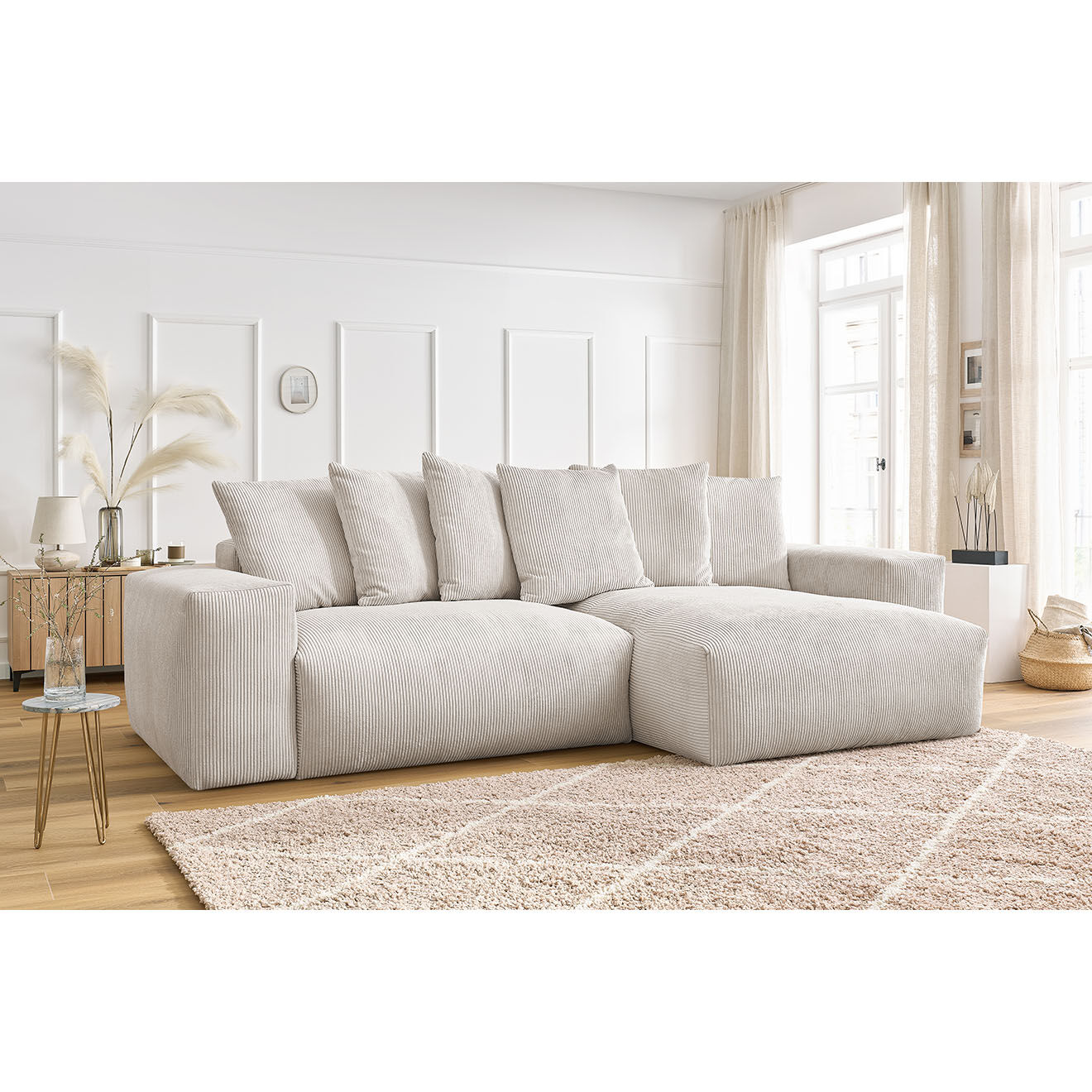 Bobochic Canapé d'angle réversible ultra moelleux voltaire velours côtelé beige - 310x174x75 cm