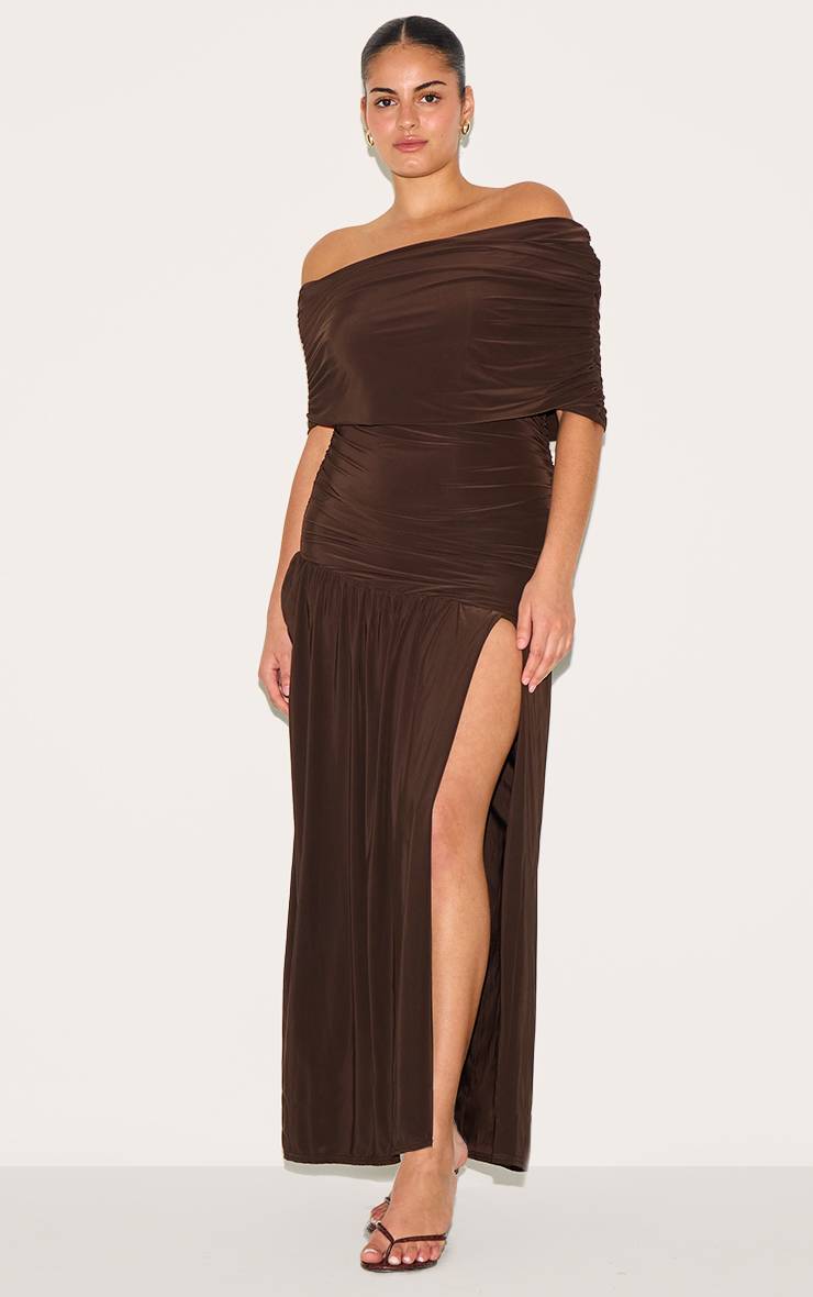 Chocolat Robe Longue Grande Taille À Double Couche Slinky Bardot Froncée