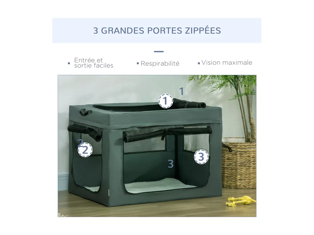 Sac de transport pliable pour chien chat - 2 poignées, 3 portes - dim. 89L x 62l x 62H cm - acier polyester gris