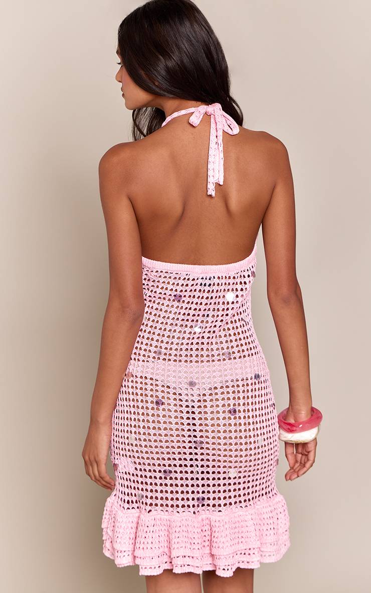 Rose Robe Mini Moulante À Sequins En Maille